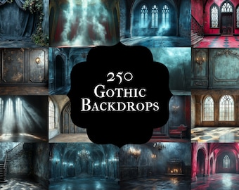 May include: A selection of 250 Gothic backdrops, depicting atmospheric interior scenes. The images feature dark, dramatic settings with architectural elements such as arched windows, staircases, and decorative wall panels. The colour scheme includes grey, black, and red hues.