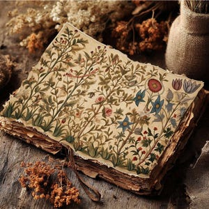 May include: An open antique book with floral illustrations. The pages are aged and textured, with a botanical design featuring red, blue, and pink flowers, and green foliage. A leather strap is attached. The book is on a wooden surface.
