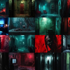 a collage of images of a person in a dark room