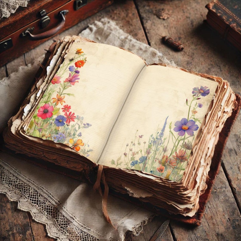 Fogli per diario creativo con motivi floreali selvatici - Fogli stampabili per scrivere un diario ispirato alla natura immagine 2