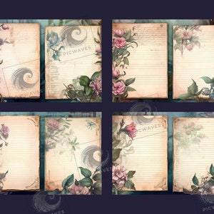 May include: Six vintage-style printable journal pages with floral borders. Each page has lined paper and a faded background with a watercolor effect. The floral borders feature pink, blue, and white flowers.