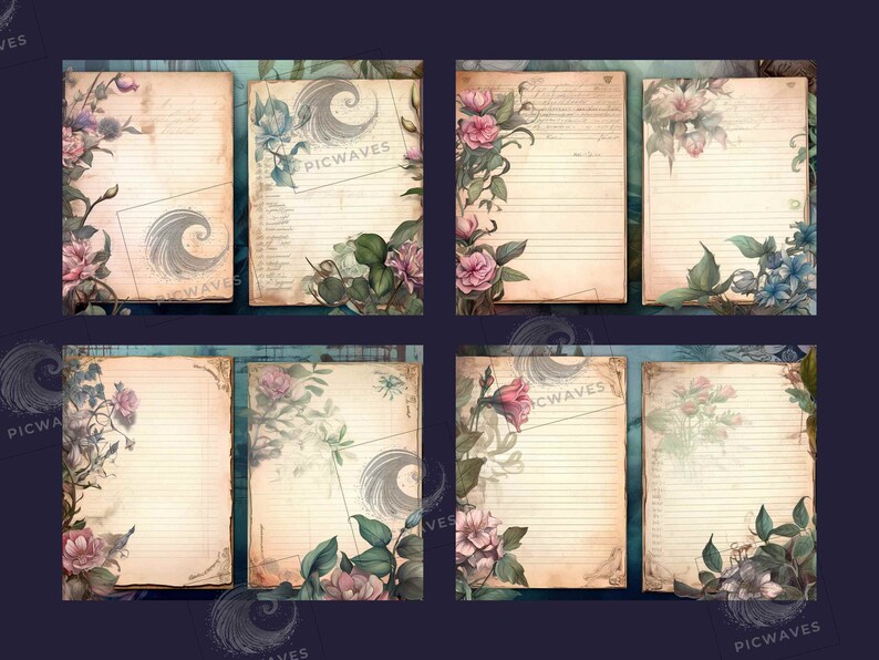 May include: Six vintage-style printable journal pages with floral borders. Each page has lined paper and a faded background with a watercolor effect. The floral borders feature pink, blue, and white flowers.
