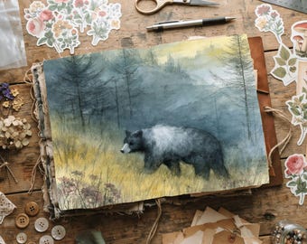 Woodland Bear Watercolor Landscape Printable Digital Paper