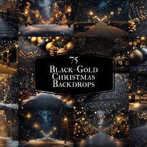Könnte beinhalten: 75 schwarze und goldene Weihnachtshintergründe mit einer Vielzahl von Winterszenen mit funkelnden Lichtern, Schnee und festlichen Dekorationen.