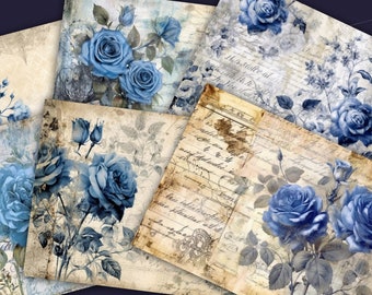 Blue Rose Junk Journal Pages - 12 Rose Double Printable Junk Journal Pages - Blue Rose Flower Ephemera for Junk Journal Scrap Booking