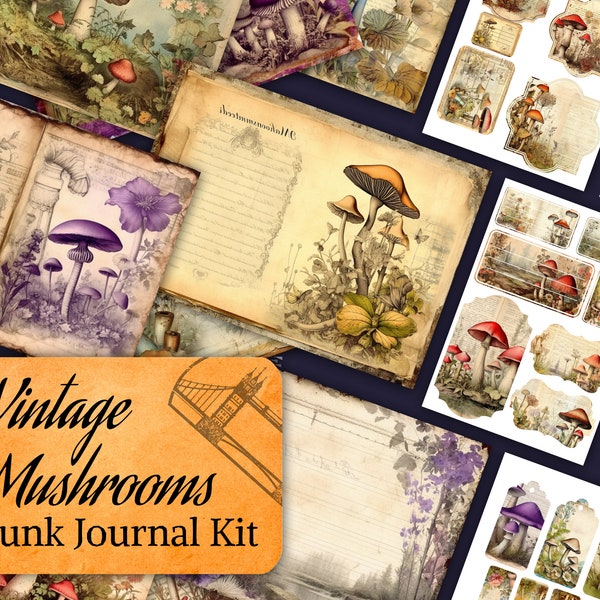 Mushroom Junk Journal Kit, Vintage Mushroom Journal Pages, Mushroom Printable Ephemera, Vintage Printable Journal