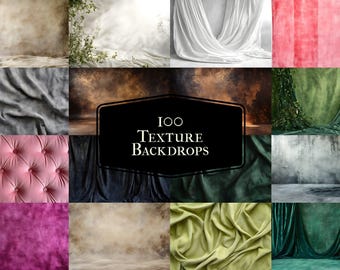 May include: A collage of 100 different textured backdrops for photography. The backdrops include a variety of colors, textures, and patterns, such as velvet, linen, and wood.