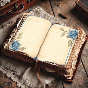 Papeles imprimibles con líneas de rosas azules: kit de diario digital floral con espacios para escribir diarios y libros de recuerdos.