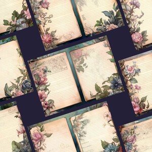 May include: A set of 10 printable journal pages with floral borders. The pages have a vintage aesthetic with faded lines and a light brown background. The floral borders feature pink, blue, and green flowers.