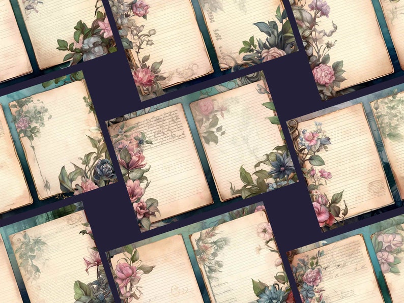 May include: A set of 10 printable journal pages with floral borders. The pages have a vintage aesthetic with faded lines and a light brown background. The floral borders feature pink, blue, and green flowers.
