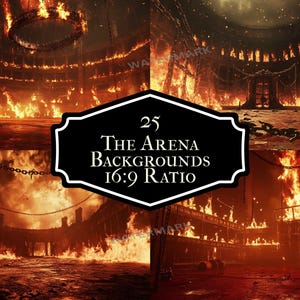 Puede incluir: Una colección de 25 fondos llameantes en una proporción de 16:9, perfectos para crear escenas dramáticas e intensas. Los fondos presentan una arena llameante con cadenas, llamas y un trono.