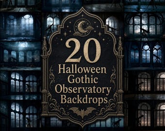 Gothic Observatory Digital Backdrops, Halloween Telescope Night Sky Backgrounds, Moonlit Gothic Window Photography Backdrop