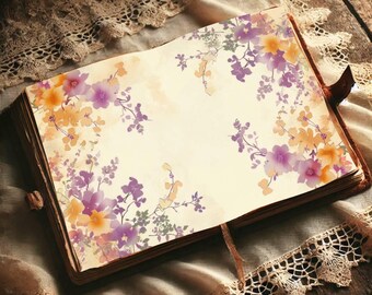 Watercolor Floral Junk Journal Pages – Purple & Orange (Digital Download)
