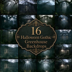 Può includere: Una collezione di 16 sfondi digitali che mostrano strutture di serre scure e suggestive con pannelli di vetro e telai in metallo, circondate da vegetazione fitta e nebbia, con il testo 16 Halloween Gothic Greenhouse Backdrops.