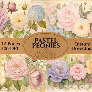 Junk Journal - Pastel Peonies Junk Journal Pages- 12 Double Printable Junk Journal Pages - Peony Ephemera for Junk Journal Scrap Booking