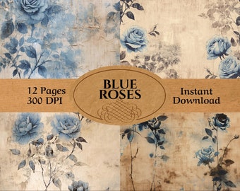 Junk Journal Rose Pages - 12 Blue Rose Double Printable Junk Journal Pages - Blue Rose Flower Ephemera for Junk Journal Scrap Booking