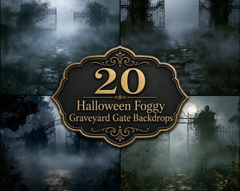 Foggy Graveyard Gate Digital Backdrops, Spooky Halloween Cemetery Photography Backgrounds, Gothic Full Moon Night Scene