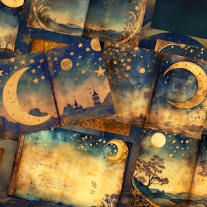 May include: A collage of vintage-style illustrations featuring crescent moons, stars, and a whimsical castle. The images are painted in shades of blue, gold, and brown, with a textured background.
