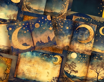 Moon Junk Journal Pages - Double Pages - Digital Download - Printable Pages Moon and Celestial Ephemera for Junk Journal Scrap Booking