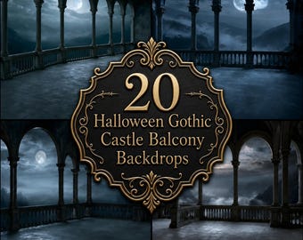 Gothic Castle Balcony Digital Backdrops, Halloween Night Moonlit Stone Terrace Photography Backgrounds, Dark Fantasy Mountain View