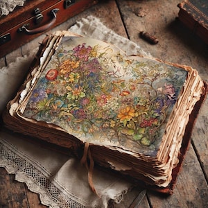 May include: An open antique book with a detailed floral illustration. The pages are aged and worn, with a leather cover and a ribbon bookmark. The artwork features a variety of colorful flowers and foliage, creating a vibrant and detailed botanical scene.
