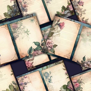 May include: A set of printable journal pages with a vintage aesthetic. Each page features a floral design with pink and white flowers, green leaves, and a blue and white background.