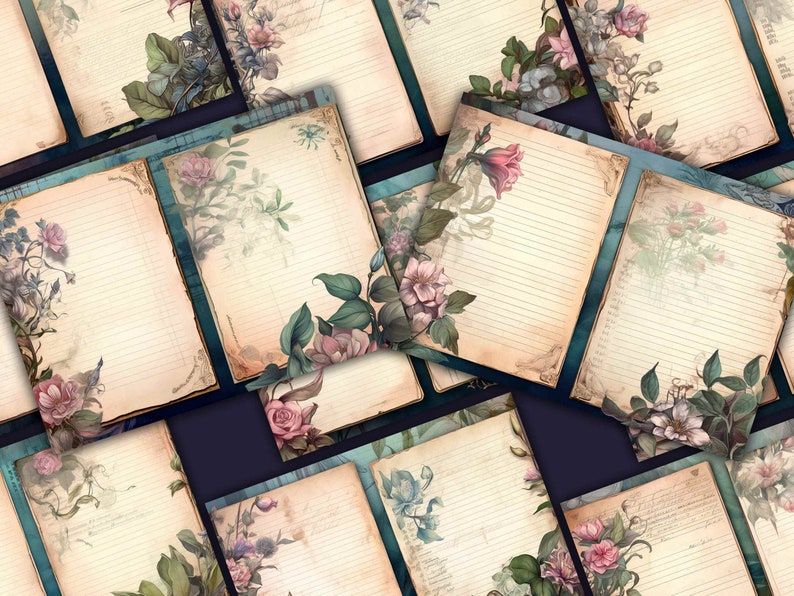 May include: A set of printable journal pages with a vintage aesthetic. Each page features a floral design with pink and white flowers, green leaves, and a blue and white background.