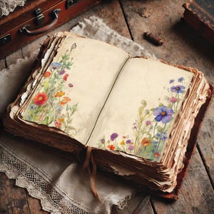 Pode incluir: Um livro antigo aberto com páginas envelhecidas em creme. Ilustrações florais em aquarela em vermelho, laranja, roxo e azul adornam as bordas. O livro repousa sobre um tecido com acabamento em renda, com um fundo de madeira.