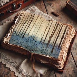 May include: An open, antique book with a watercolor painting of a forest scene. The artwork depicts tall, brown trees against a light blue and beige background. The book has aged, yellowed pages and a brown leather cover, resting on a wooden surface.