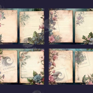 May include: Six vintage-style journal pages with lined paper and floral borders. The pages are decorated with watercolor illustrations of flowers and leaves in shades of pink, blue, and green.