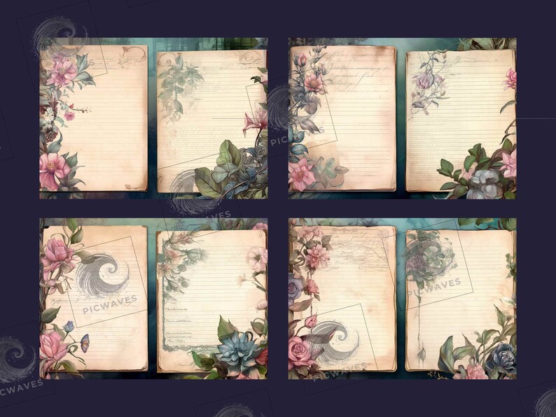 May include: Six vintage-style journal pages with lined paper and floral borders. The pages are decorated with watercolor illustrations of flowers and leaves in shades of pink, blue, and green.