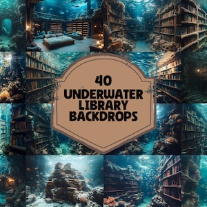 Unterwasser Bibliothek Kulissen | Fantasy Digitale Hintergründe | Surreale Buchliebhaber Ästhetik