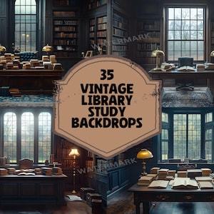 May include: A collection of 35 vintage library and study backdrops. The backdrops feature dark wood bookshelves, large windows, and antique desks. The backdrops are perfect for creating a cozy and inviting atmosphere for your photos and videos.