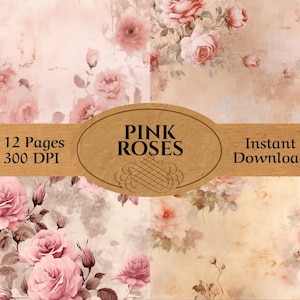 Junk Journal - Pink Rose Junk Journal Pages- 12 Double Printable Junk Journal Pages - Pink Rose Ephemera for Junk Journal Scrap Booking