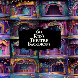 Könnte beinhalten: Ein Set mit 60 digitalen Kulissen für Kindertheaterproduktionen. Die Kulissen zeigen eine Vielzahl von farbenfrohen und fantasievollen Designs, darunter Sterne, Monde und Vorhänge. Die Kulissen sind perfekt, um eine magische und fantasievolle Atmosphäre für Ihr nächstes Stück oder Ihre nächste Aufführung zu schaffen.