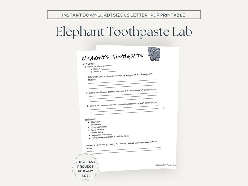 Elephant Toothpaste Lab Chemistry Lab Printable Lab Activity Printable
