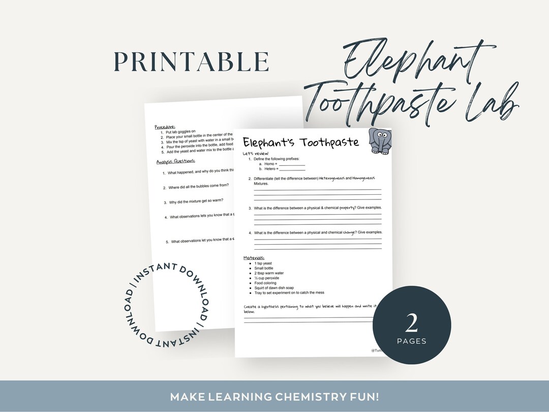 Elephant Toothpaste Lab Chemistry Lab Printable Lab Activity Printable