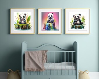Set of 3 Colorful Baby Panda Wall Art Print Nursery Decor | Baby Playroom Nursery Jungle Animal Printable Poster | DIGITAL Download