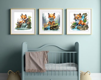 Set of 3 Colorful Baby Fox Wall Art Print Nursery Decor | Baby Playroom Nursery Woodland Forest Animal Printable Poster | DIGITAL Download