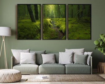 Moss Wall Art Decor Set of 3 Creek through Green Forest Nature Scene Art Print DIGITAL Download