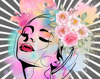 Rainbow Watercolor Portrait, Line Art Illustration (Digital Download)