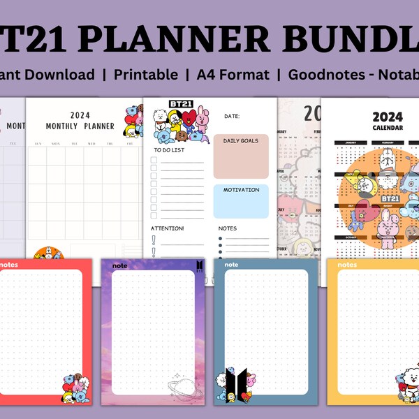 Bt21 Digital Printable Monthly Daily Colorful Planner 2024 Calender, iPad Goodnotes Notability used Kids Planner Print