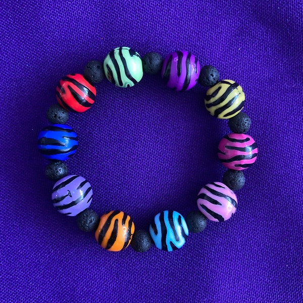Bracelet, Multicolored Zebra Girl, Beaded on Strong Stretchy String w/ Multicolored Zebra Print Beads & Lava Rock Beads, Fits 6.25” Wrist