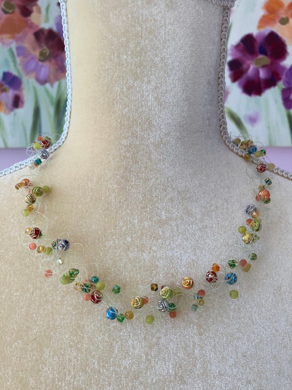 Illusion Necklace, Floating Flowers, Beaded & Woven on Fishing Line W/  Ceramic Flowers Cats Eye Beads, Gemstones, Crystals, Unique Piece 