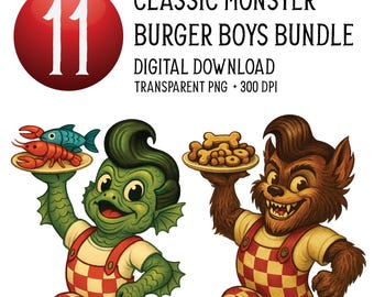 1950's Monster PNG Bundle, Burger Boy PNG Clip Art Bundle, Retro Diner clipart set, Halloween Digital Downloads, Retro Cartoon Style Png