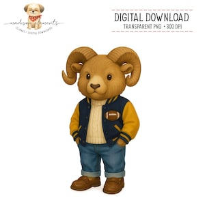 Puede incluir: Ilustración de un personaje de carnero con una chaqueta universitaria azul y amarilla con un parche de fútbol americano, un suéter blanco, vaqueros azules y mocasines marrones. La imagen incluye el texto "DESCARGA DIGITAL" y "PNG TRANSPARENTE + 300 DPI".