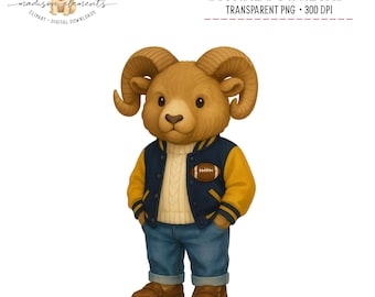 Preppy Ram Mascot Digital PNG, Ram in Letterman Jacket Art, High School Spirit png, Football Team Printable, Cute Ram Digital Download