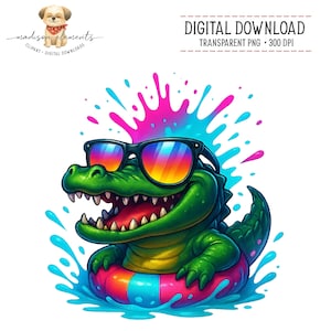 May include: A cartoon illustration of a green alligator wearing sunglasses and a colorful inner tube, surrounded by water splashes. The alligator has a wide grin and is set against a white background. The image includes the text "DIGITAL DOWNLOAD".