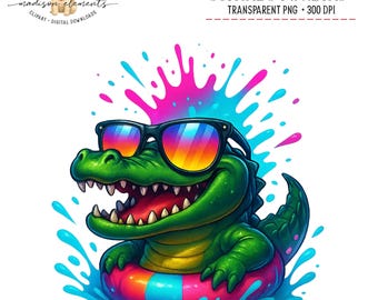 Cool Alligator Digital Download PNG, Crocodile Art, Summer Pool Party, Sunglasses Alligator, Cartoon Animal, Cute Reptile, Funny Gator