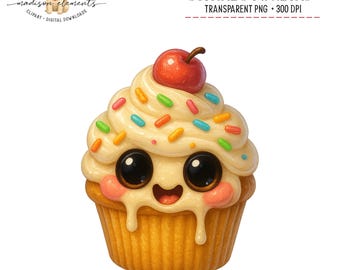 Cute Cupcake Art, Kawaii Food Clipart, Animated Dessert Graphic, Sweet Treat Image, Cake PNG, Digital Art, Foodie Digital Download PNG